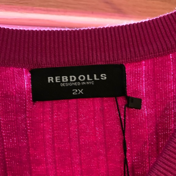 Rebdolls ribbed bodycon midi dress v-neck fuschia - Picture 2 of 3